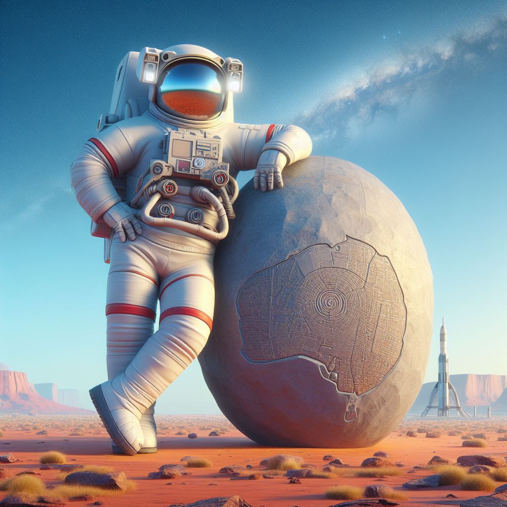 Astronaut leaning on a bolder with a map of Australia carved into it.